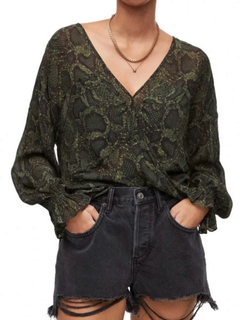 AllSaints Penny Tamora Green Snake-Print V-Neck Blouse